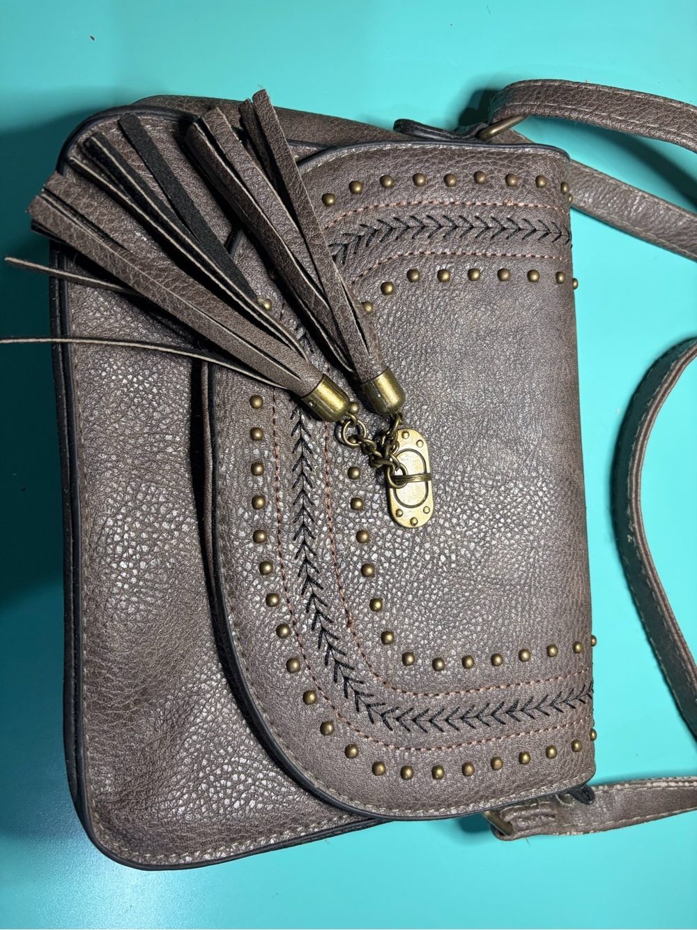 Source Unknown Brown Tassel Studded Crossbody Bag